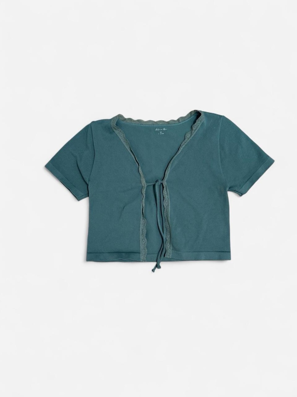 Active USA Teal Lace-Trim Tie-Front Short Sleeve Top